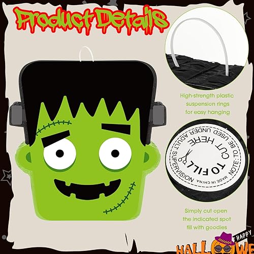 Miniatura 6 de Aoriher Piñata de Halloween, piñata verde, piñata diablo, piñata mexicana con palo vendados y confeti para Halloween, cumpleaños, fiesta,
