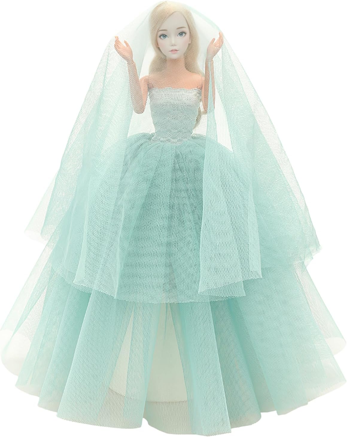 BARWA Light Blue Wedding Dress with Veil Evening Party Princess Light Blue Gown Dress for 11.5 inch Girl Doll