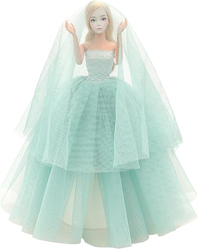 Miniatura 4 de BARWA Vestido de novia azul claro con velo Fiesta de noche Princesa Vestido azul claro para muñeca de niña de 11.5 pulgadas