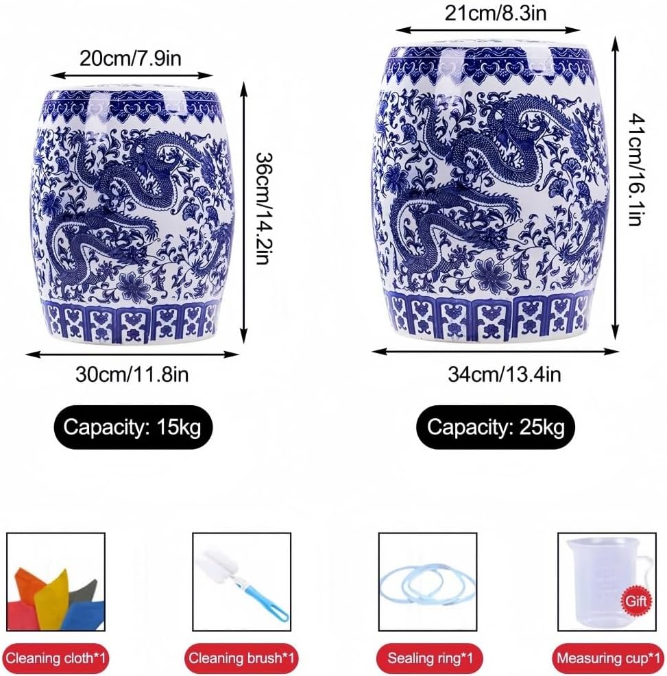 Ceramic Rice Container,Ceramic Rice Storage, Container Chinese Design Ceramic Rice Jar with Lid,Ceramic Rice Bucket with lid,Ceramic Rice and Grain Storage Container(25kg)