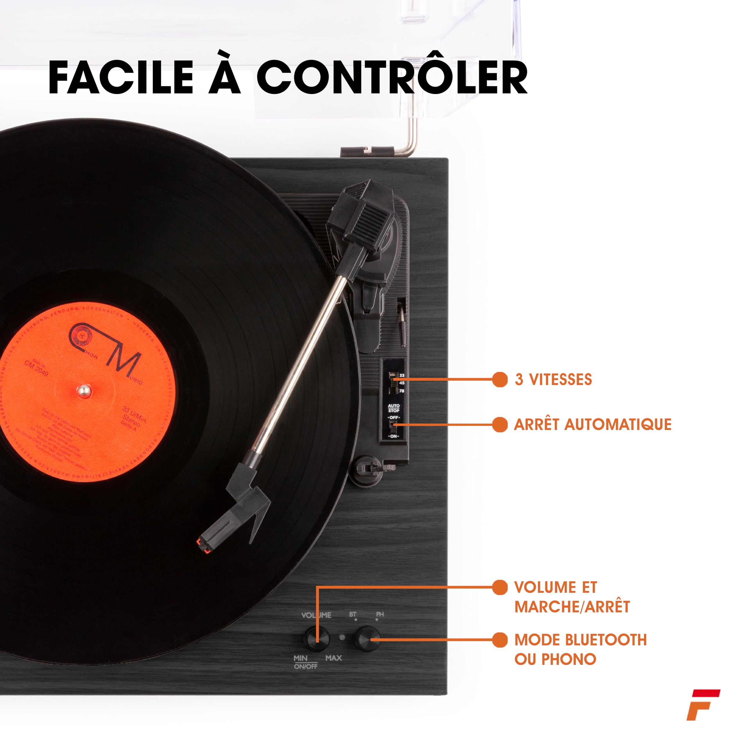 Fenton RP165B Platine Vinyle BT avec 2 Haut-Parleurs Stéréo - Noir/Gris, Lecture 33, 45 et 78 Tours, Système HiFi, Sortie RCA, Une Platine Rétro Idéale pour Décorer et Écouter Vos Vinyles