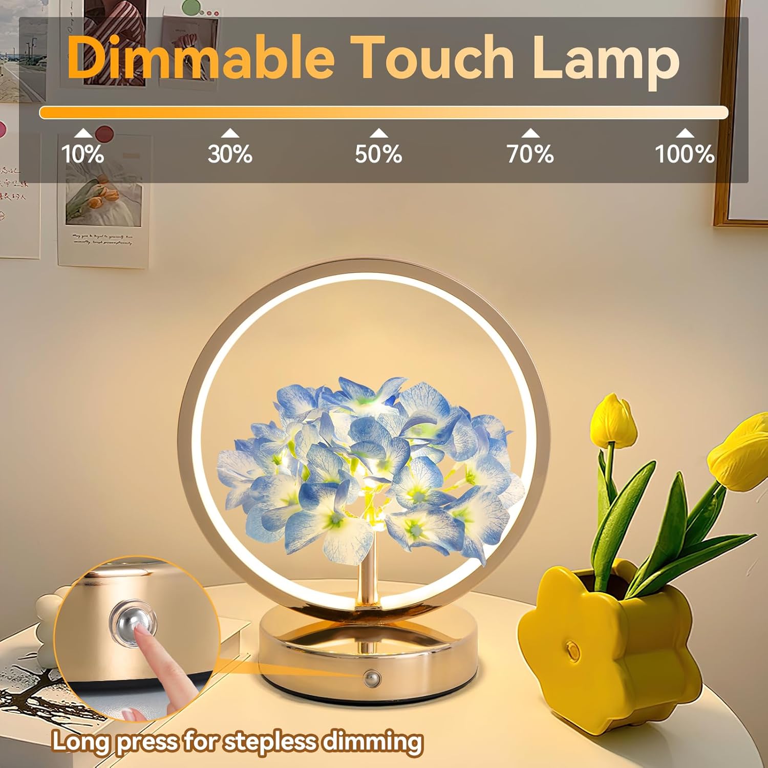 Birthday Gifts for Women Mom,Hydrangeas Flower Touch Lamp,Rechargeable Cordless 3 Way Dimmable Small Night Light for Bedroom,Living Room,Office Home Decor Thank You Gifts for Festival-Blue