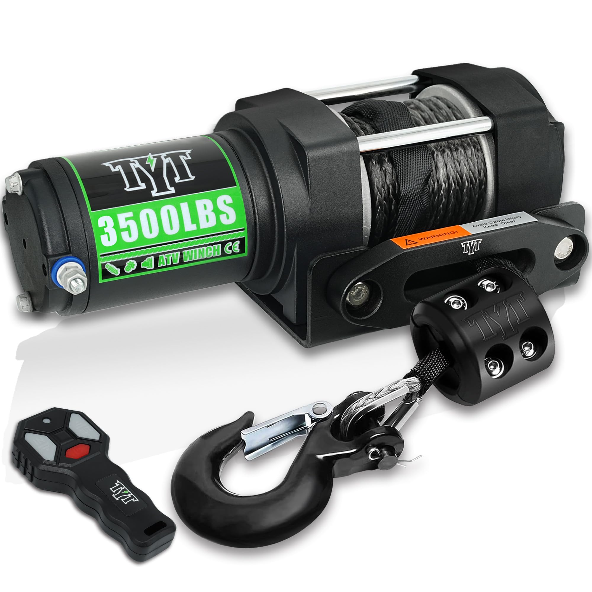 TYT 3500 lb ATV Winch with Wireless Remote and Wired Switch, 12V DC Electric Winch 7/32"x 30FT Synthetic Winch Rope with Fairlead and Winch Mounting Plate