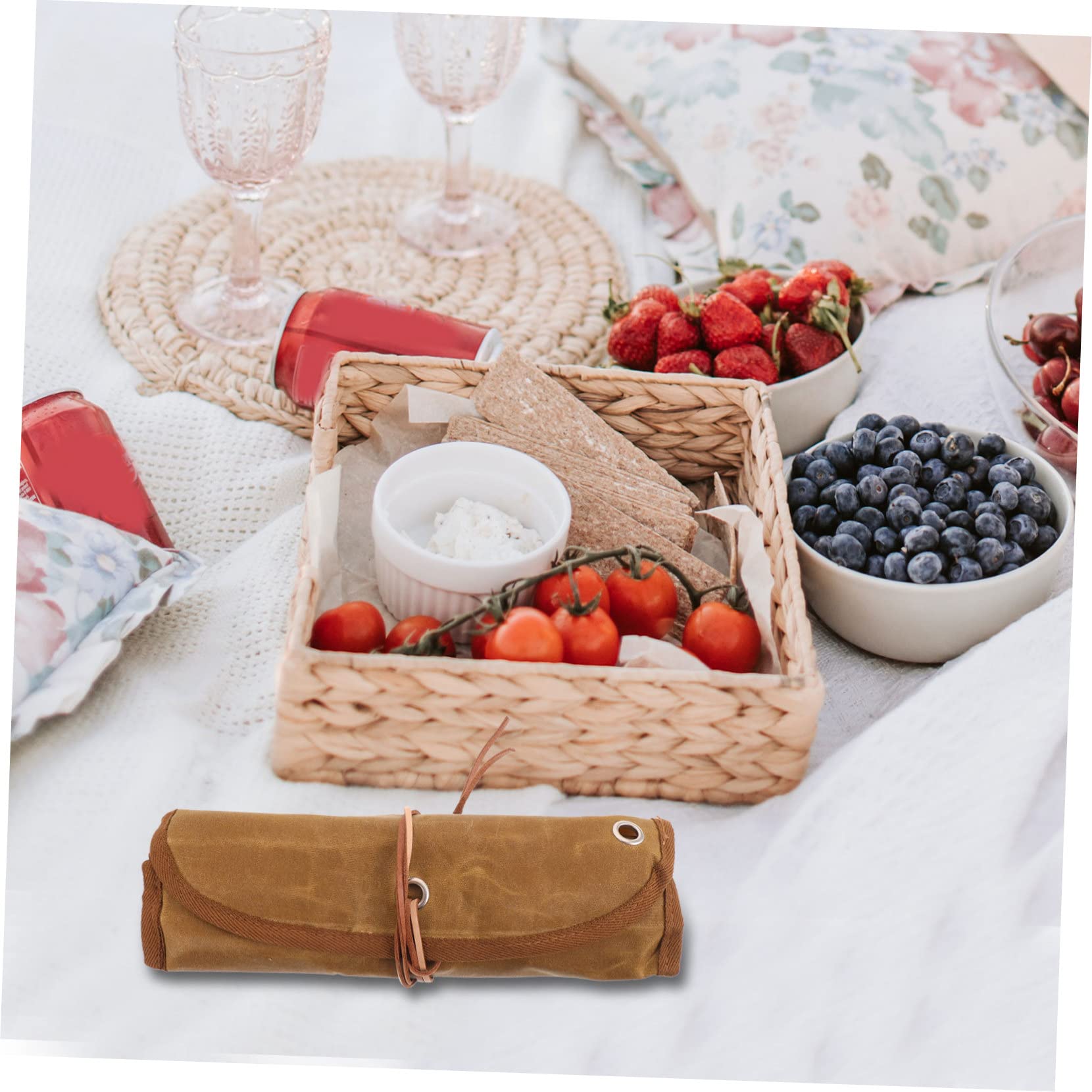 1 Set custodia per posate Forniture da campeggio borsa porta posate custodia per stoviglie per il campeggio utensili da picnic multifunzionali Acciaio inossidabile Marrone