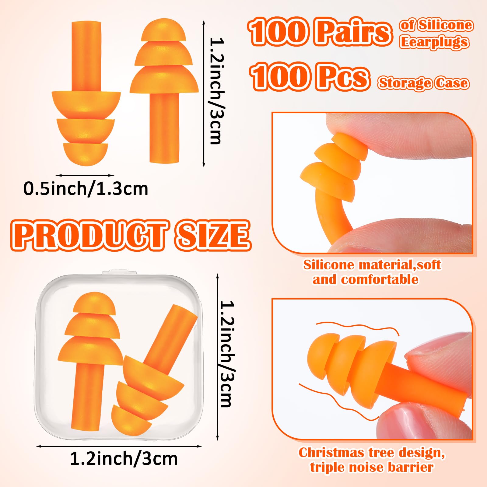 TrelaCo 100 pares de tapones de silicona reutilizables con cancelación de ruido con fundas de plástico, bloqueo de sonido, tapones impermeables para dormir, conciertos, natación, aviones, ronquidos