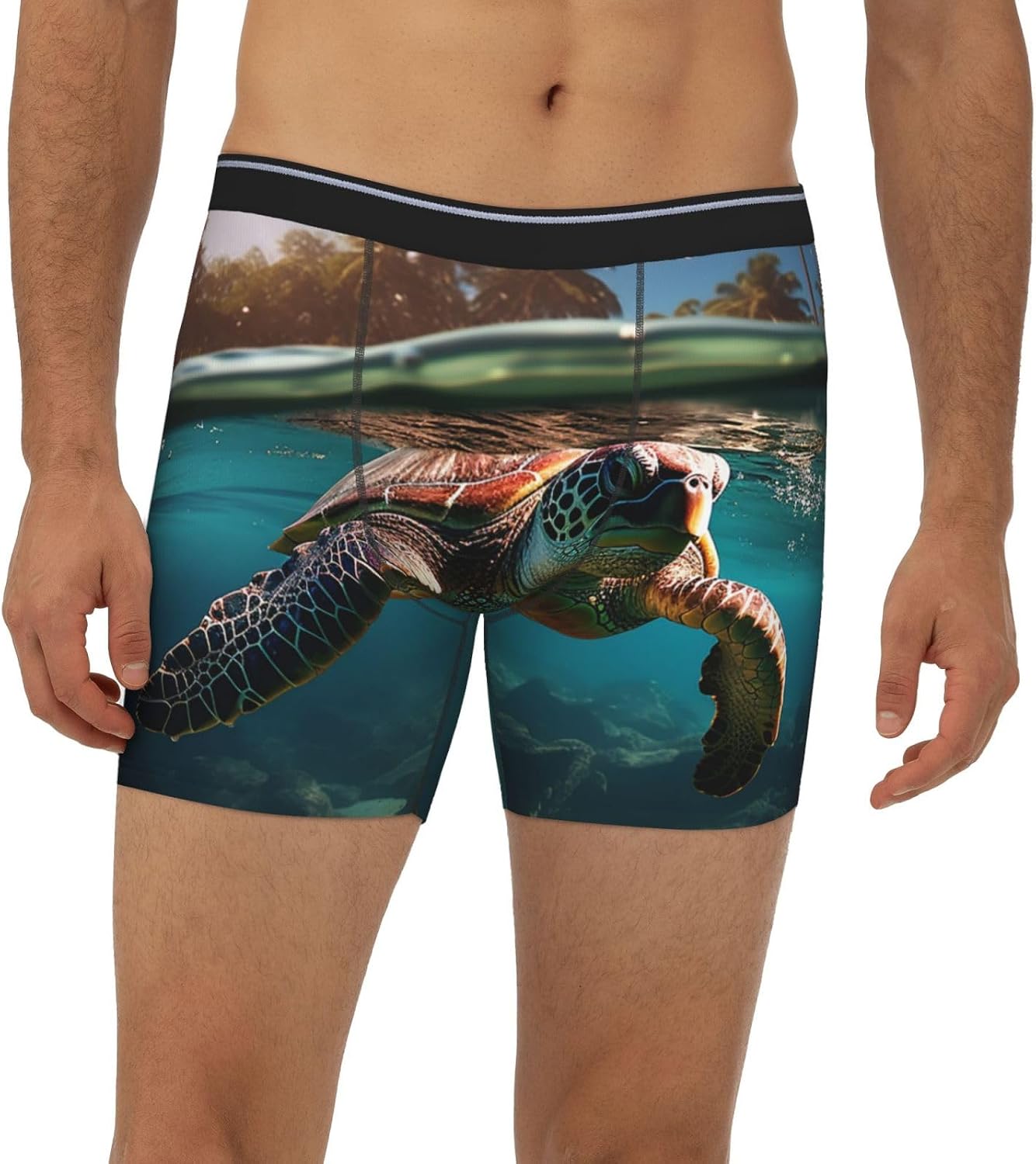 Mens Soft Breathable Breathable Stretch Trunks with Palm Trees Sea Turtles Diving