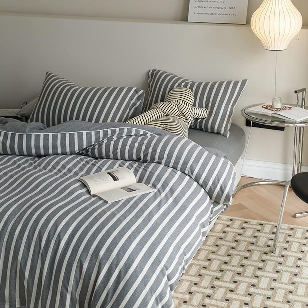 [ZENSUGI] ストライプ柄 掛け布団カバー 北欧風 シンプル 綿100% 敷きカバー 4点セット ベッドシーツ ボックスシーツ