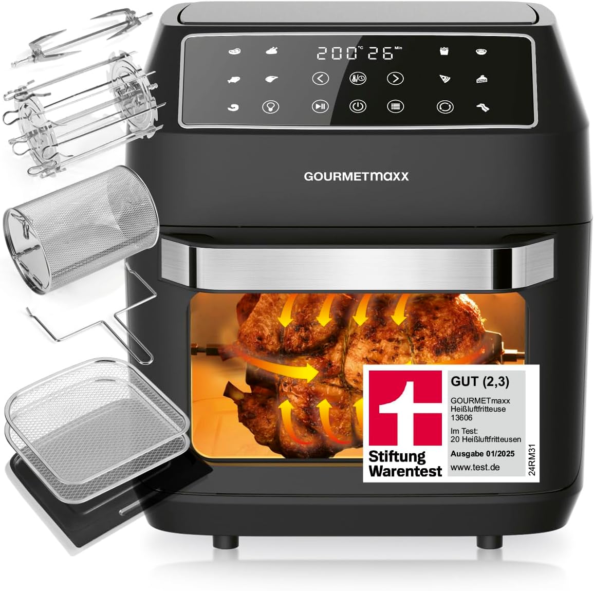 GOURMETmaxx Heißluftfritteuse 12 L Airfryer | Fritteuse mit 9 Funktionen, Touchdisplay, Dreh- & Schaschlikspießen | 10 Programme inkl. Pizza | Minibackofen 1700 W – nahezu ohne Öl - Amazon product rated Grade A