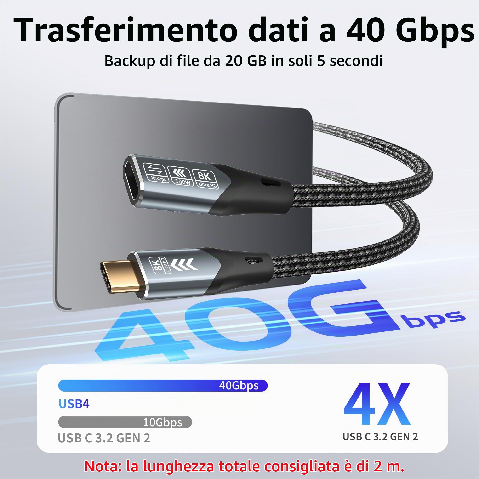 prolunga usbc 3m Compatibile con prolunga usb c thunderbolt 4 [40Gbps & 100W] cavo usb type-c maschio femmina, 8K@60Hz Cavo USB4 Per, Laptop, Monitor,telefono