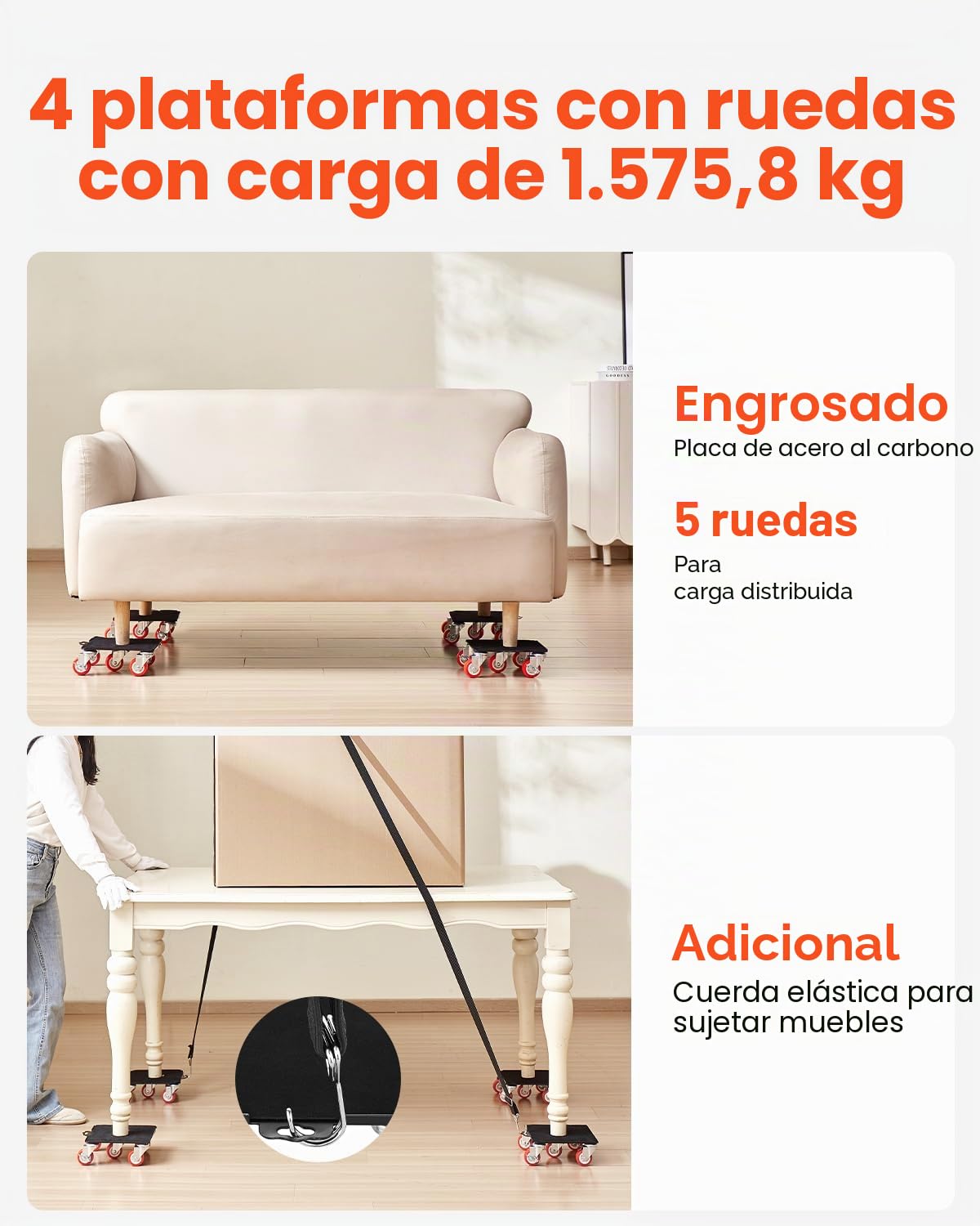 VEVOR 4 PCS Plataforma Rodante para Muebles 198 x 198 x 75 mm Carga de 1575 kg, Transportador de Muebles Resistente con 5 Ruedas Giratorias de 360° y Panel de Acero al Carbono para Mover Muebles