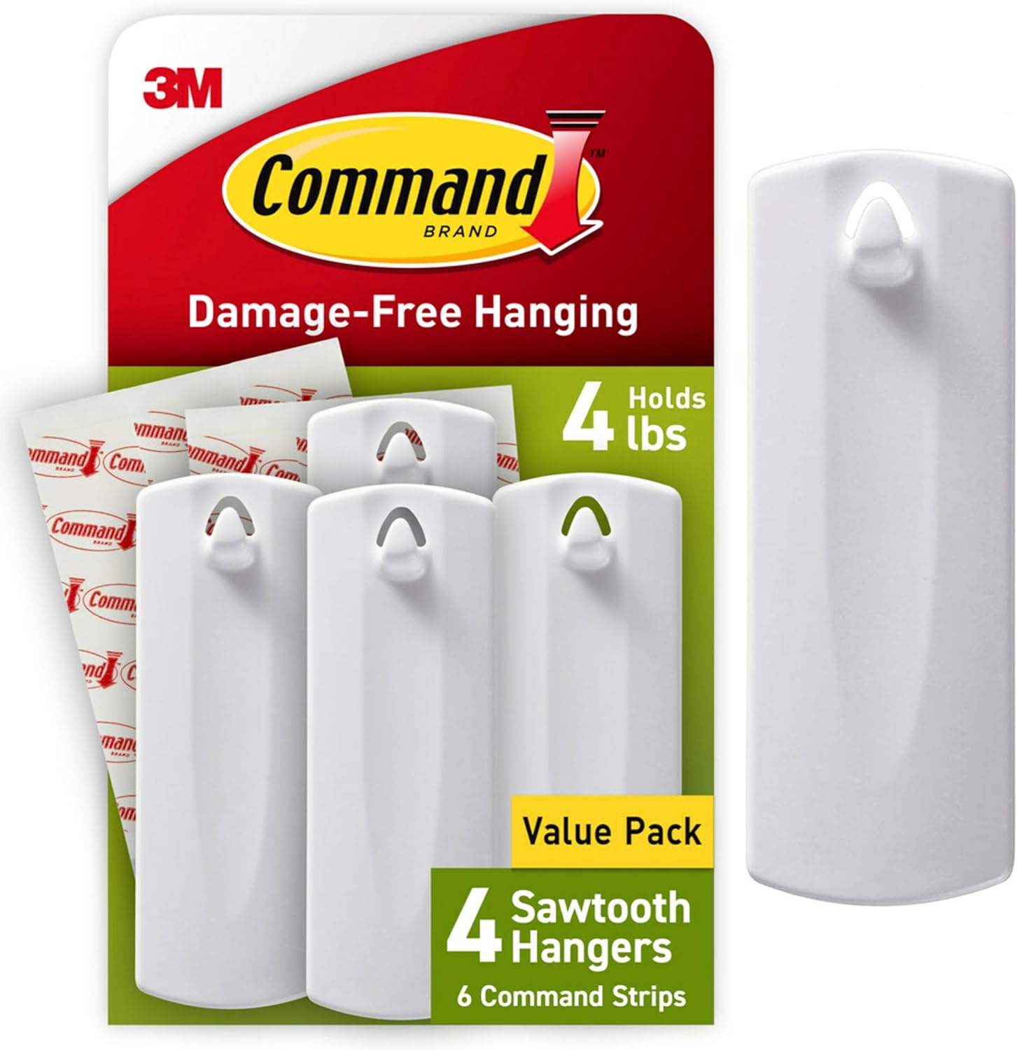 Command Sawtooth Picture Hangers, 4 Hangers & 8 Strips - Damage-Free, Holds 4 lbs, No Tools for Frames & Holiday Decor