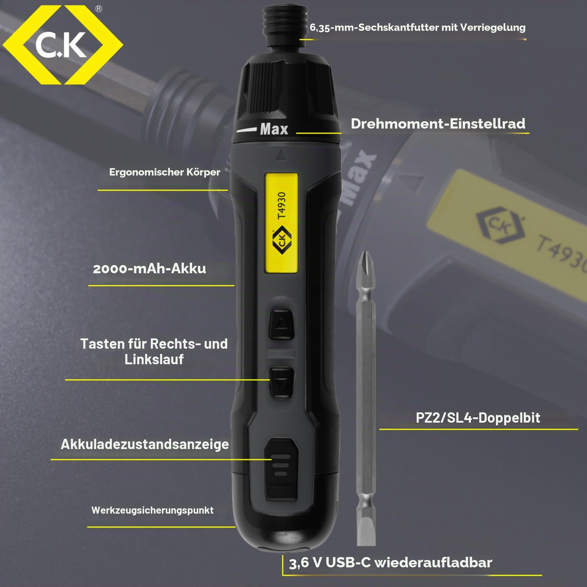 C.K Tools Elektrischer Schraubendreher, Leistungsstarkes Drehmoment, 3.6v USB-C, Akkuschrauber Elektro, Schraubenzieher Elektrisch, Akku Schrauber Elektriker mit PZ2 SL4 Bit, Stabschrauber CK T4930