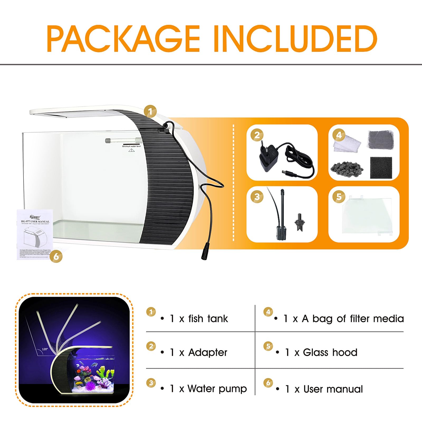 hygger Aquarium 19 litres, Petit Aquarium avec 3.2W Lampe LED, 5W Pompe à Eau, Boîtier de Filtration Caché, Sortie Bouche Canard, Couvercle en Verre