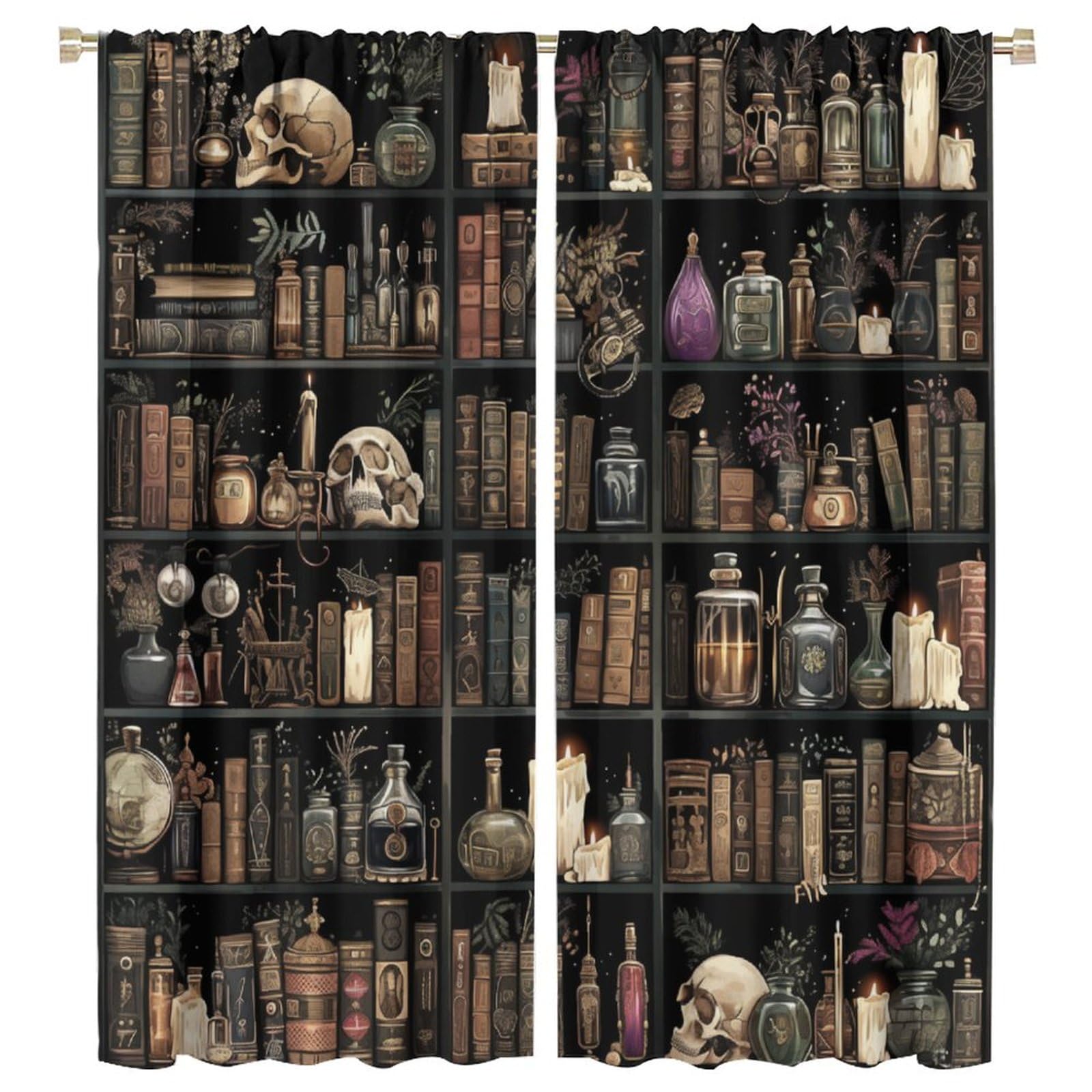 TOWINSFB Gothic Library Book Blackout Curtains, Retro Bookshelf Skull Floral Candles Home Decor Rod Pocket Window Drapes for Living Room Bedroom - 45"