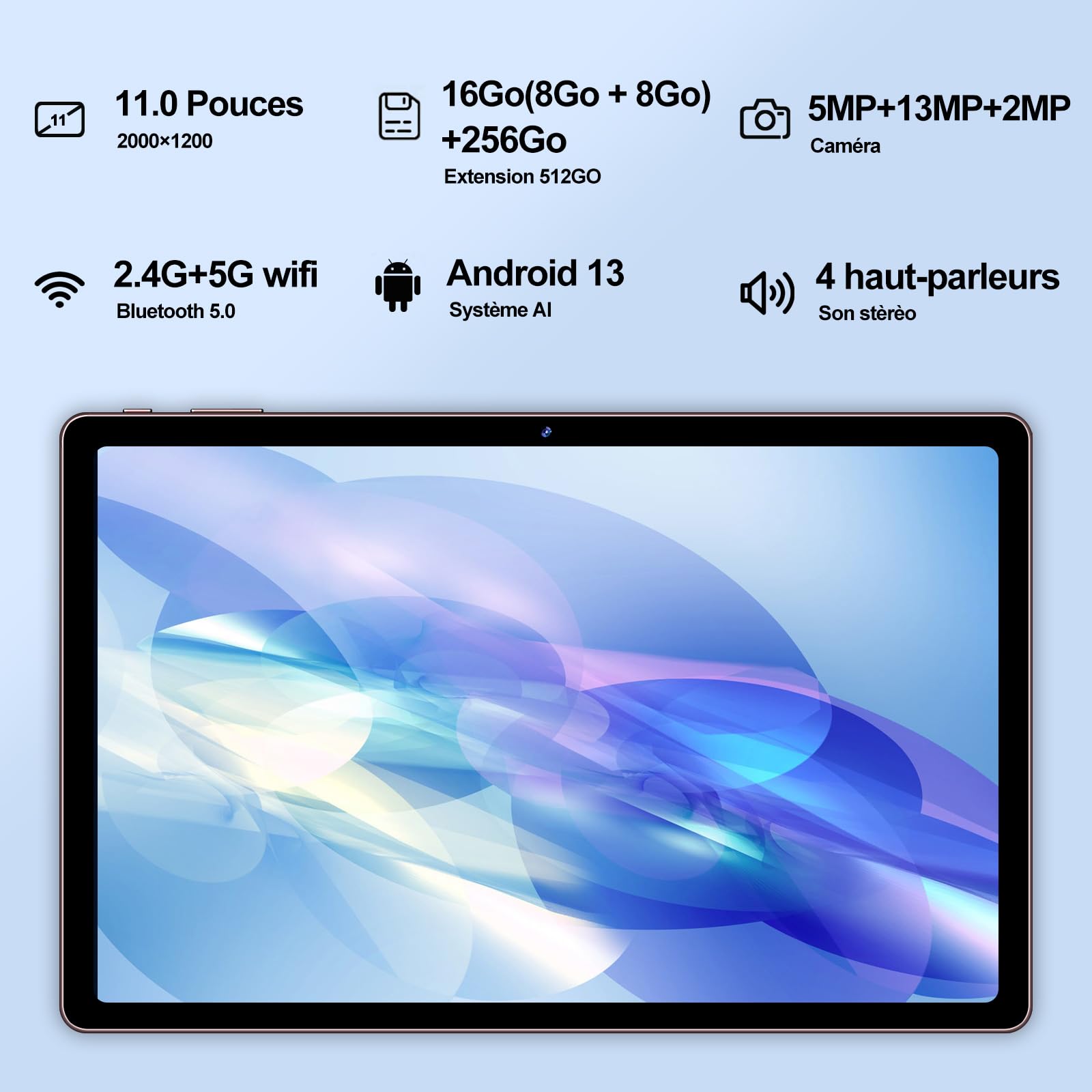 fezawio Tablette Android 11 Pouces,16+256GO,8600mAh, Or Rose