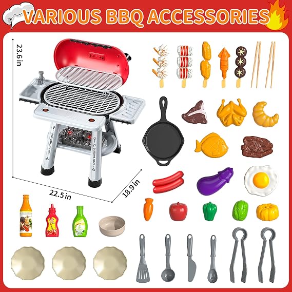 Play Kitchen Sets for Toddlers Kids 2-Layer BBQ Grill Playset with Smoke, Sound & Light Interactive Outdoor Kitchen Grill Toys with Play Food Christmas Birthday Gift for 3 4 5 6 Years Old