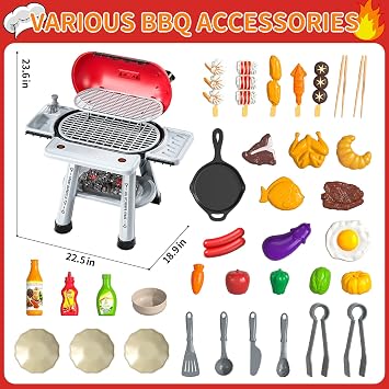 Play Kitchen Sets for Toddlers Kids 2-Layer BBQ Grill Playset with Smoke, Sound & Light Interactive Outdoor Kitchen Grill Toys with Play Food Christmas Birthday Gift for 3 4 5 6 Years Old
