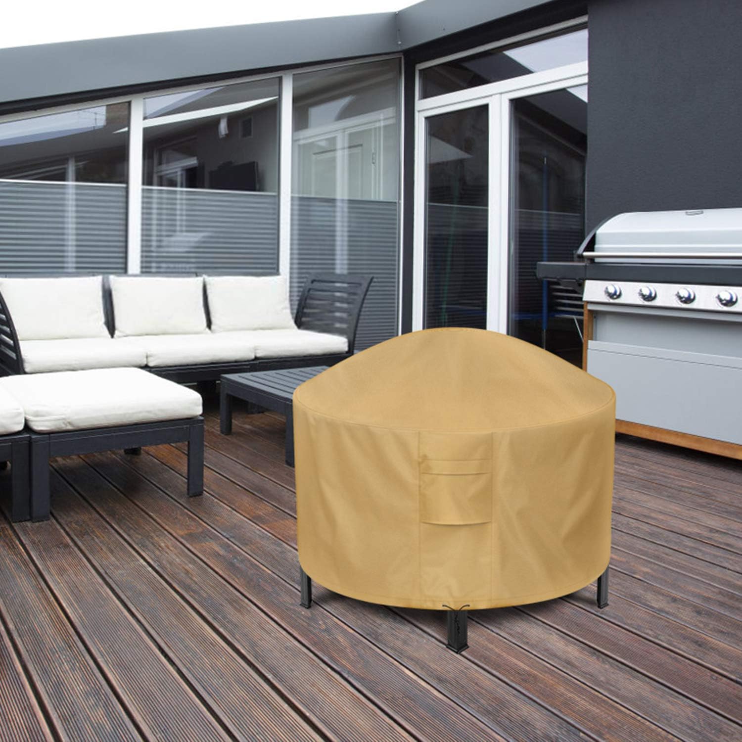 Sunkorto Round Fire Pit Cover, 50 Inch Patio Outdoor Firepit Table Cover Waterproof 600D Heavy Duty Wear-Resistant, Light Brown