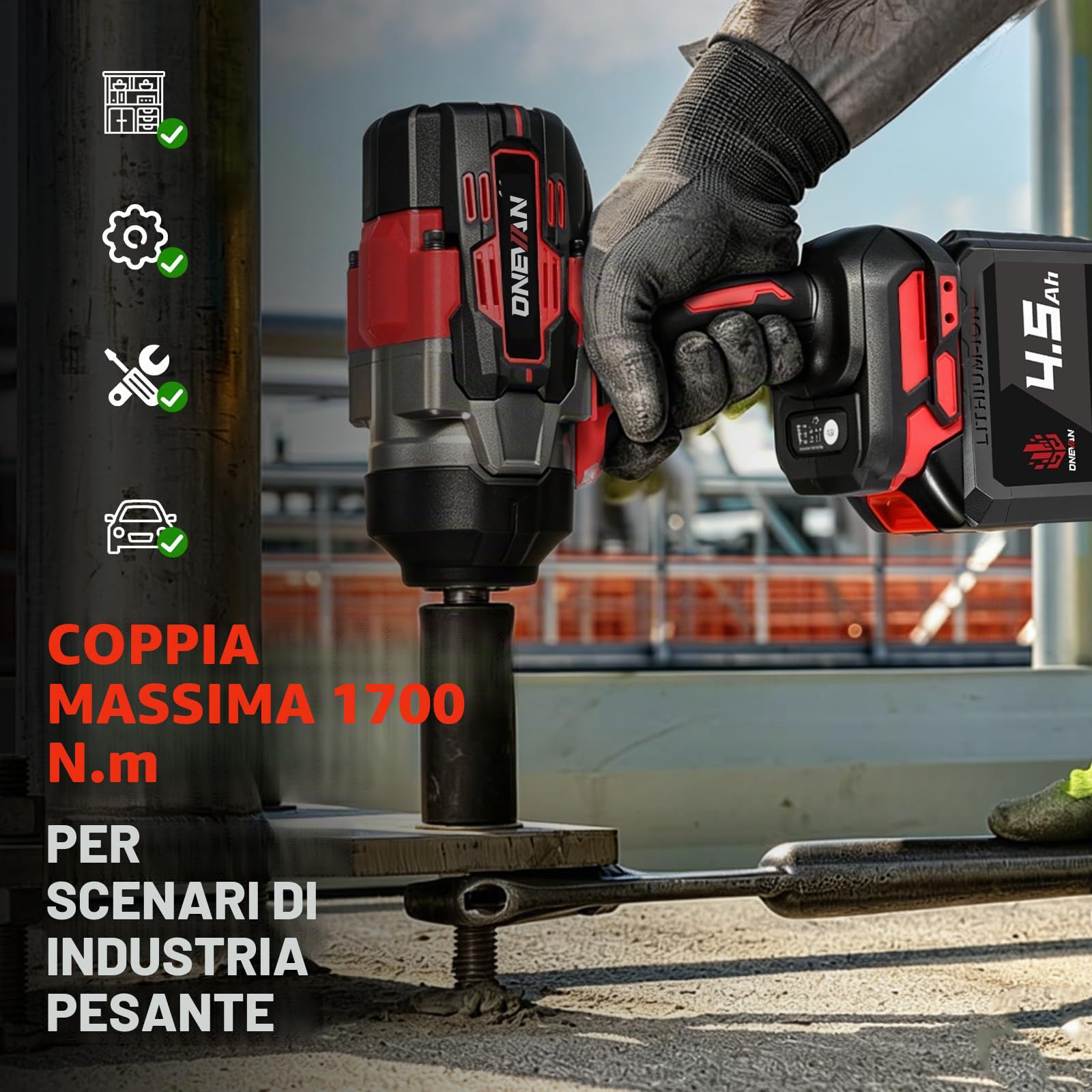 ONEVAN avvitatore a impulsi a batteria, 1700Nm Brushless avvitatore ad impulsi con 2 batterie da 4,0 Ah, 1/2" avvitatore a percussione senza fili