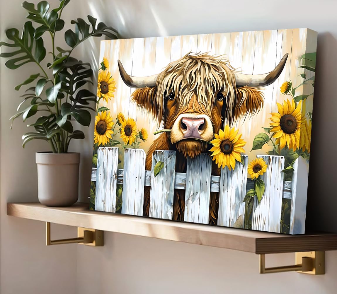 Funny Highland Cow Bathroom Canvas Wall Art,Rustic Farmhouse Cow Eating Sunflowers Canvas Print Painting for Bedroom Living Room Nursery Kitchen Office Home Decor-12 x16
