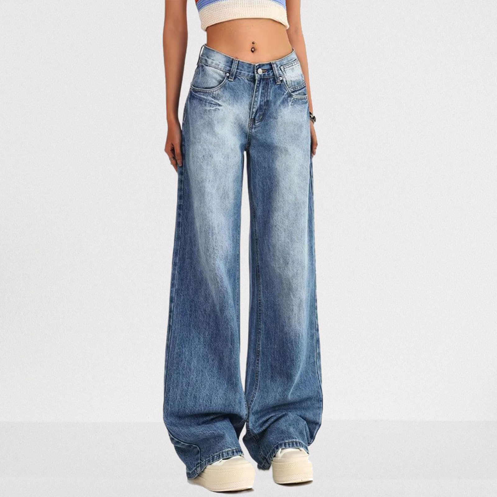 Damen Low Rise Baggy Jeans Gewaschene Straight Wide Leg Denim Pants Casual Loose Boyfriend Jeans Streetwear Hose