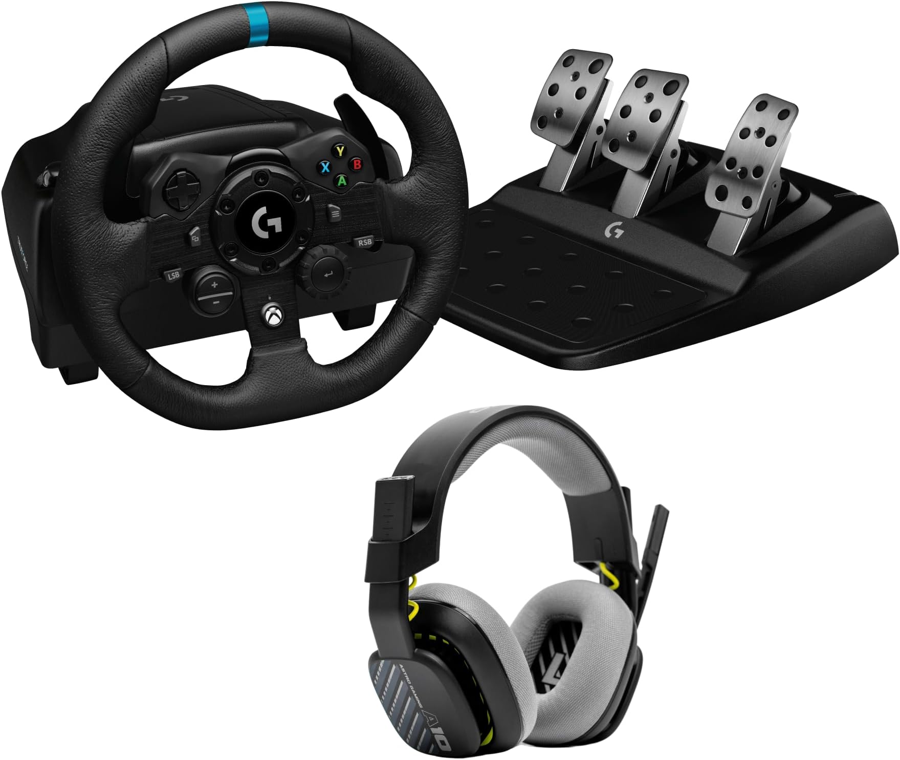 Logitech G923 Racing Wheel and Pedals, TRUEFORCE Force Feedback, Real Leather + ASTRO A10 Gen 2 Wired Headset - Sim Steering Wheel, Pedals & Gaming Headset for Xbox X|S, Xbox One, PC, Mac - Black