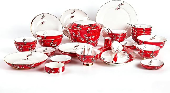 48 Piece Fine Bone China Dinnerware Set, Luxury Dinner Set with Elegant Gold Rim Royal Red