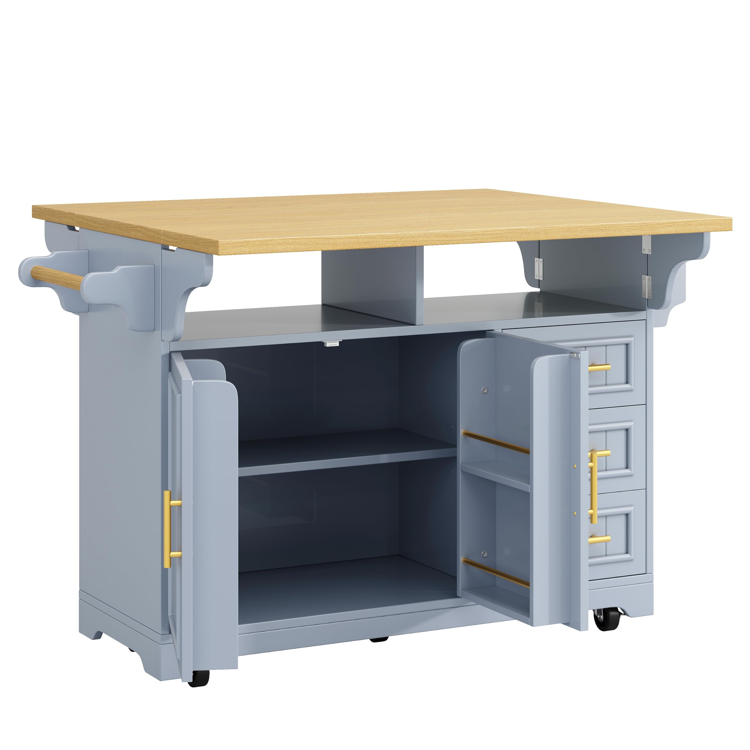 Isola da cucina multifunzionale, credenza da cucina su ruote, espansione tavolo da pranzo posizionabile liberamente, ante con motivo verticale, vano portaoggetti con cassetti, blu