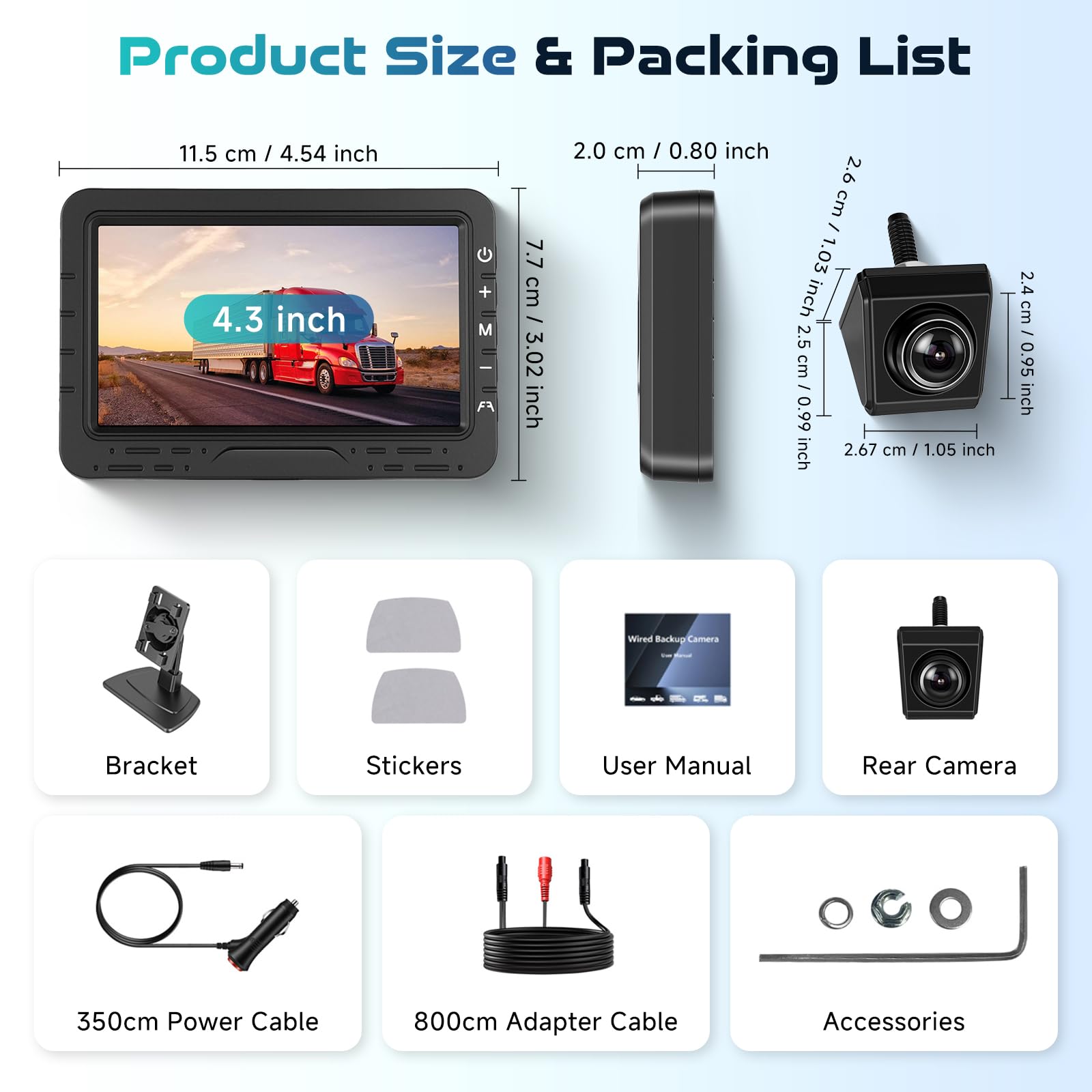Hodozzy Kit de Monitor con Cámara Marcha Atrás Cable con Cámara de 360°, 1080P Pantalla 4,3 Pulgadas Camara de Vision Trasera, Visión Nocturna IP68 Impermeable Cámara Atras Coche con Líneas Guía DIY