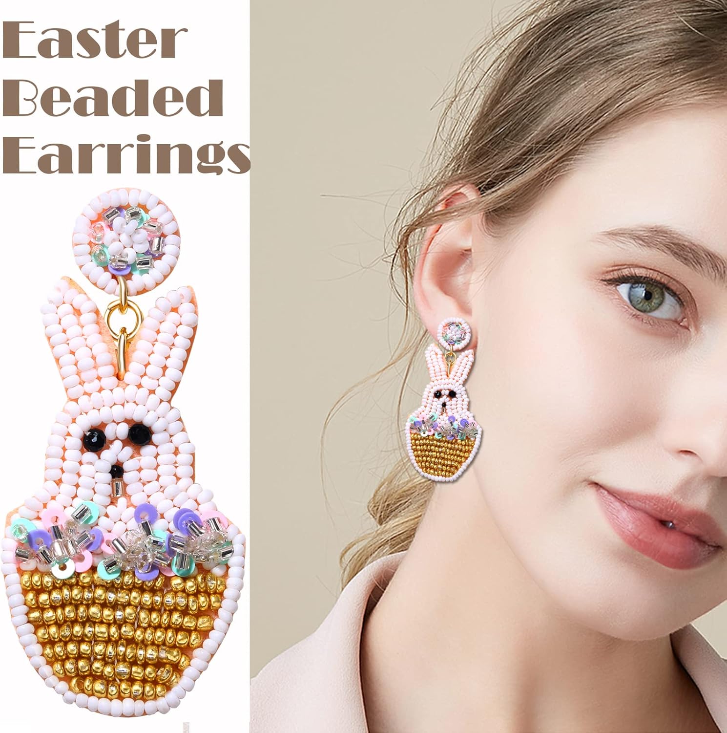 Easter Earrings for Women Girls Easter Beaded Drop Dangle Earrings Happy Easter Bunny Bead Earrings Easter Bead Dangle Earrings Cute Jewelry for Gift - Image 2