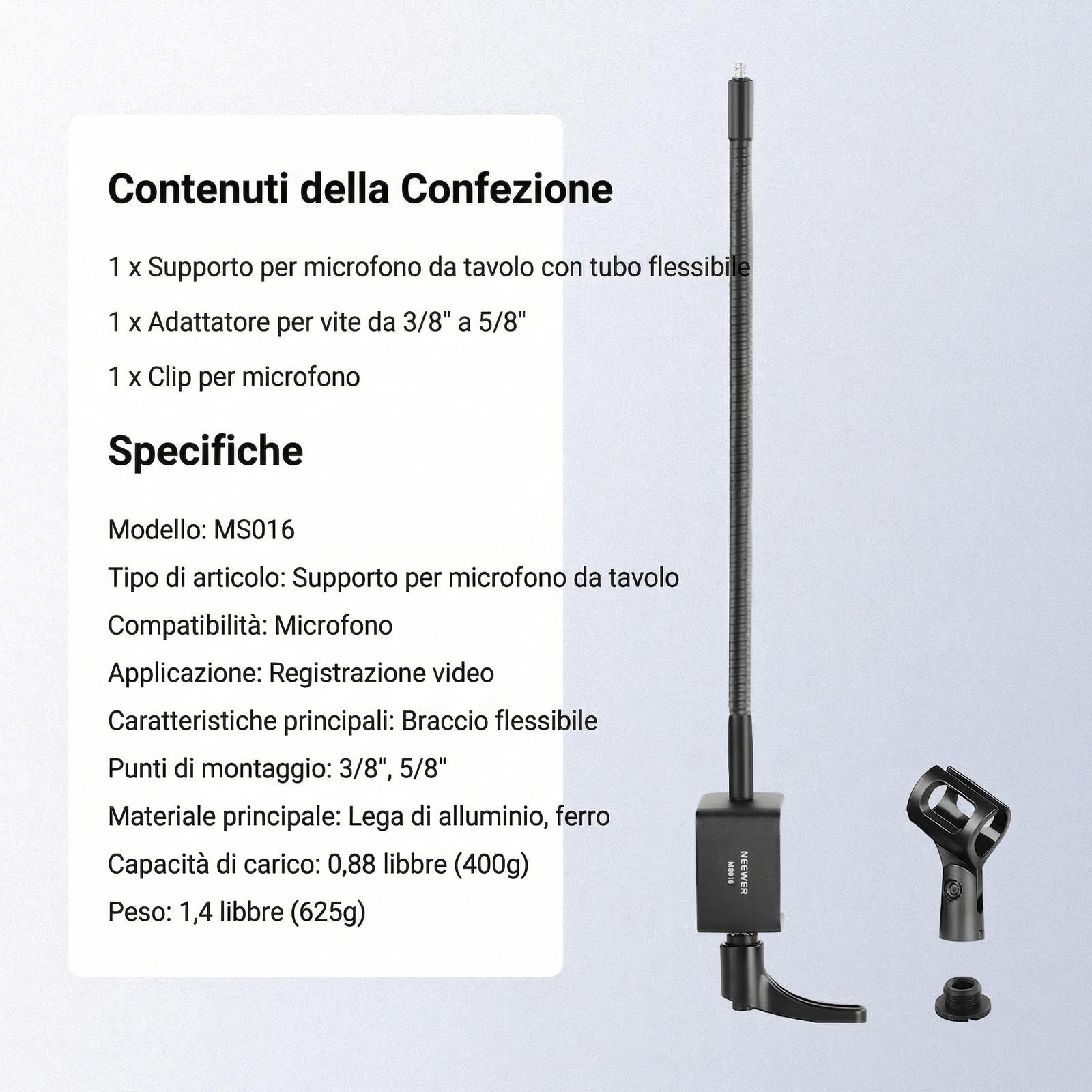 NEEWER Supporto Microfono da Tavolo con Braccio Flessibile, Morsetto Porta Mic da Scrivania con Clip e Adattatore 3/8" a 5/8" Compatibile con Blue Yeti Snowball HyperX QuadCast SoloCast Shure, MS016