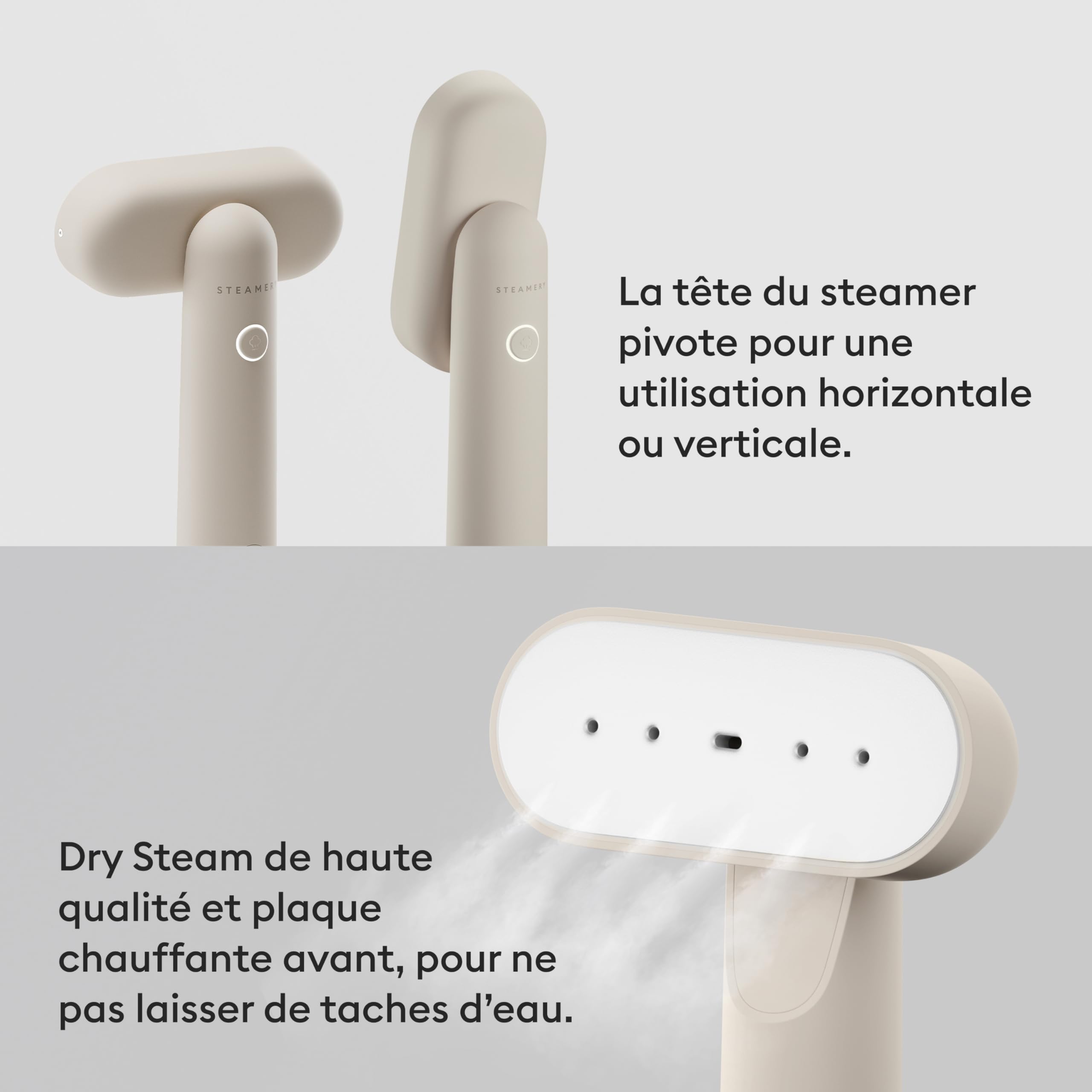 Steamery Travel Steamer Cirrus Lite, 1200 W, Débit de vapeur 16 g/min, Durée de chauffe 18 secondes, Portable et Pliable, Tête de défroissage rotative, Technologie Dry Steam, Beige
