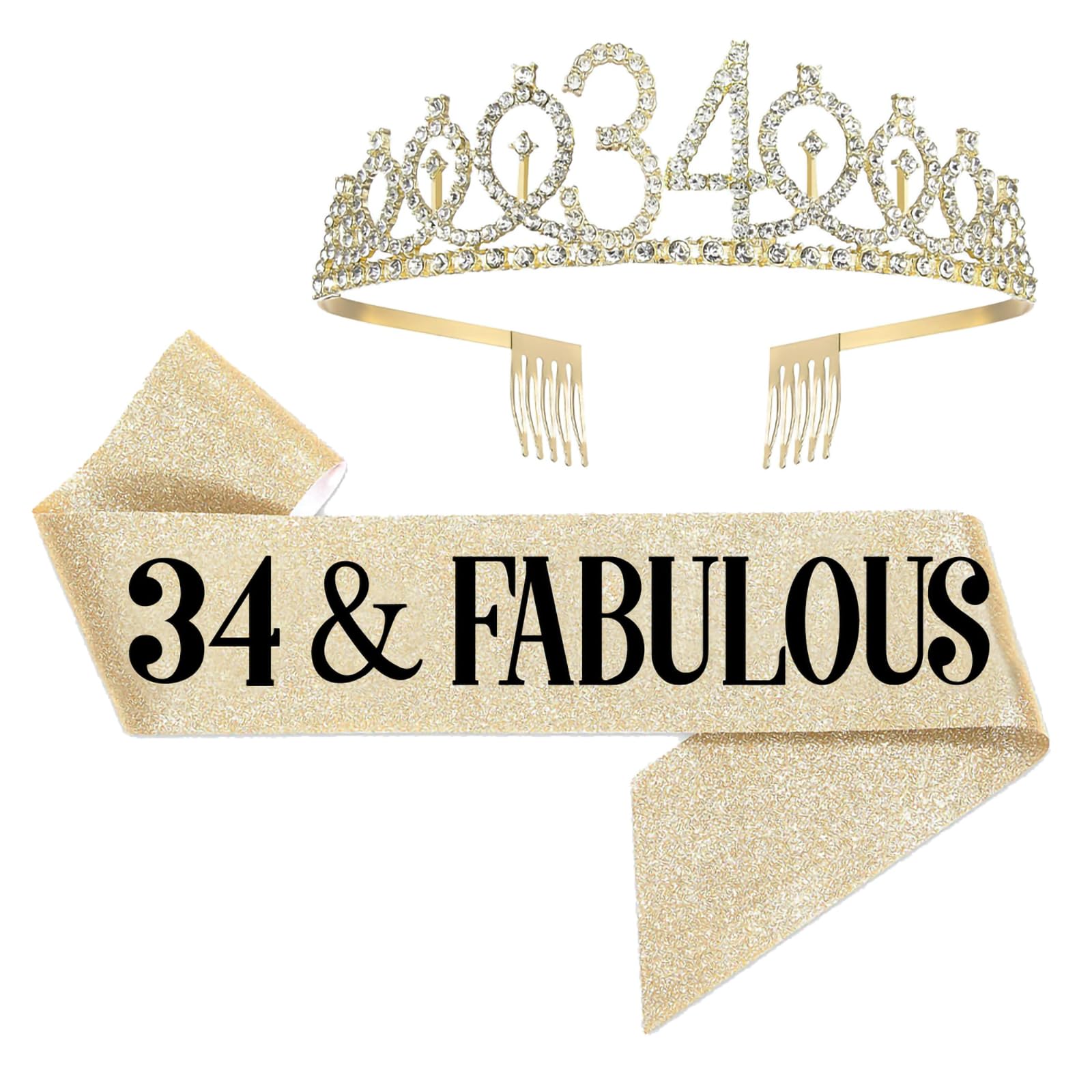 UVATAHONA 34th Birthday Sash and Tiara for Women, 34 & Fabulous Birthday Sash and Crown for Party Favors Supplies and Decorations, Gold