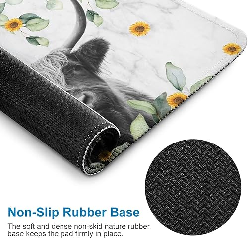 Miniatura 3 de Highland Cow - Divertida alfombrilla para mouse con base de goma antideslizante, animal rústico de granja con girasol de eucalipto en mármol gris