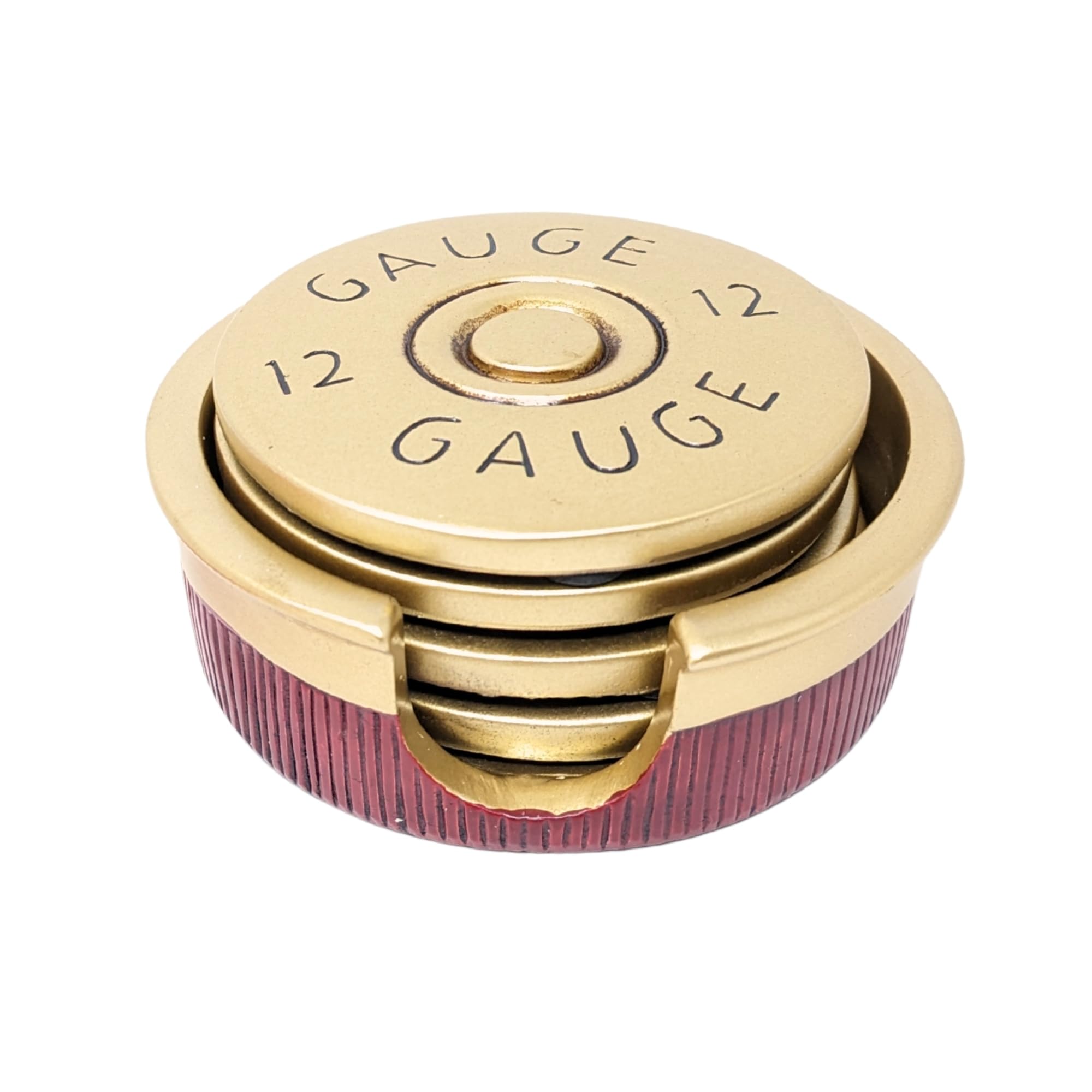 12 Gauge Shotgun Shell Coaster Set – 4 pcs Western Hunting Drink Coasters with Holder – Durable Resin Gold and Red Design–Coffee Bar, Man Cave, Lodge