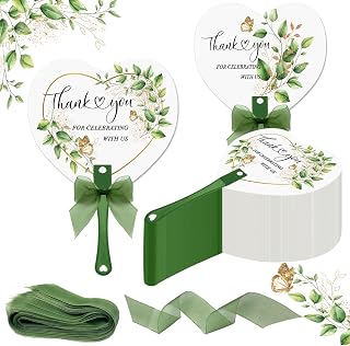 100 Pcs Wedding Hand Fans Ribbon Bow Bulk Plastic Handheld Wedding Favor Fans for Guests Thank You for Celebrating with Us Greenery Fan with Handle for Ceremony Bridal Shower Party