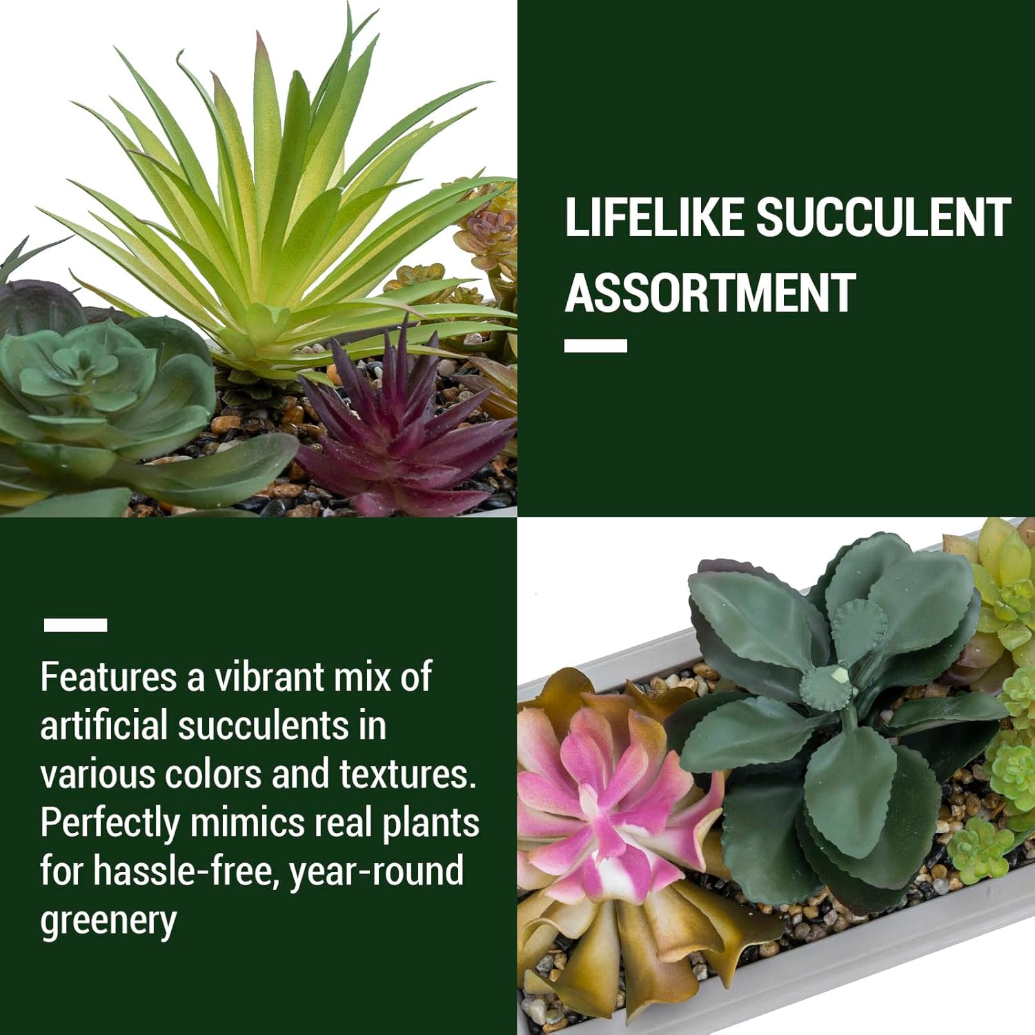MyGift 15 Inch Mixed Color Assorted Artificial Succulent Plant Arrangement in Modern Gray Clay Planter Tray - Image 2