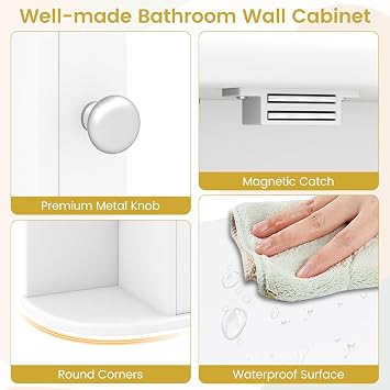 Casart Wall Mounted Bathroom Cabinet with Mirror, Single Door Medicine Cabinet with 4-Tier Inner Shelf