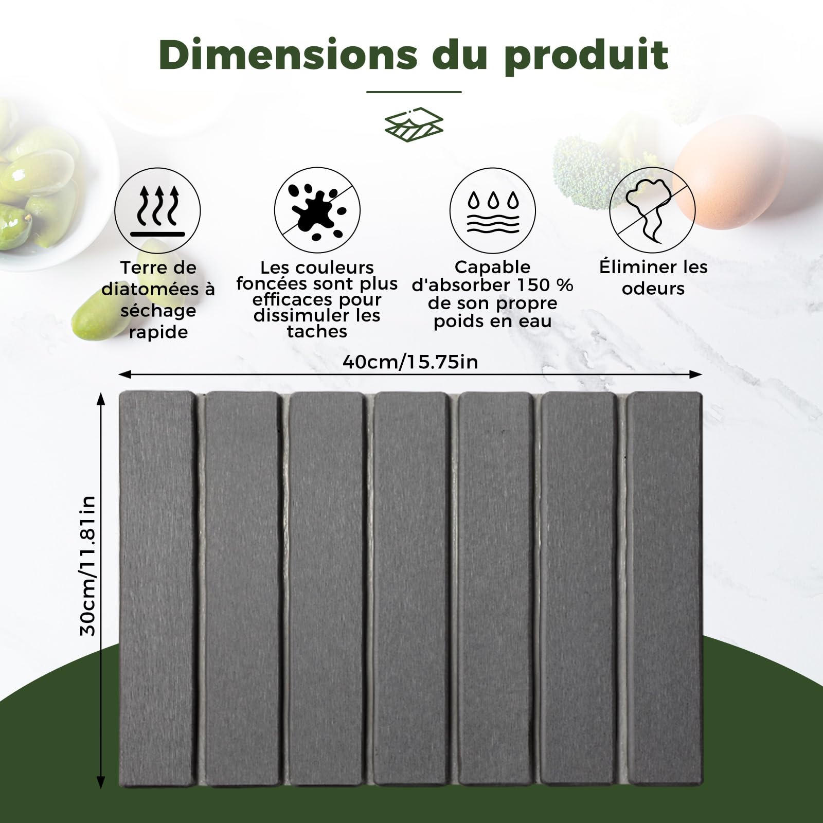 Tapis Égouttoir Vaisselle, Tapis Absorbant Vaisselle Très Absorbant Séchage Rapide Tapis Égouttoir de Diatomées et Tapis Évier Cuisine Égouttoir (Gris Foncé, 40 x 30 cm)