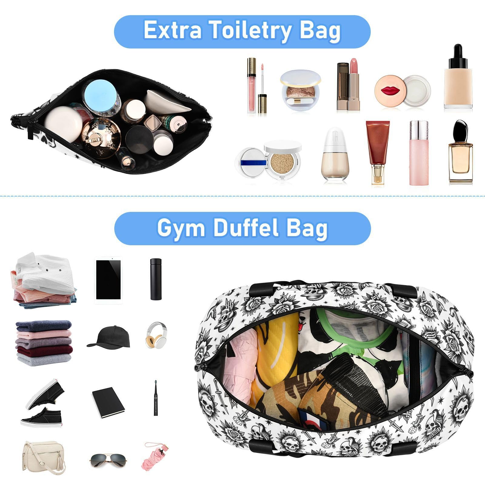 Vintage Old School Skull Rose Tattoo Carry On Shoulder Weekend Tote z mokrą kieszenią Regulowany pasek Torba na siłownię do treningu Duża pojemność dla mężczyzn kobiet