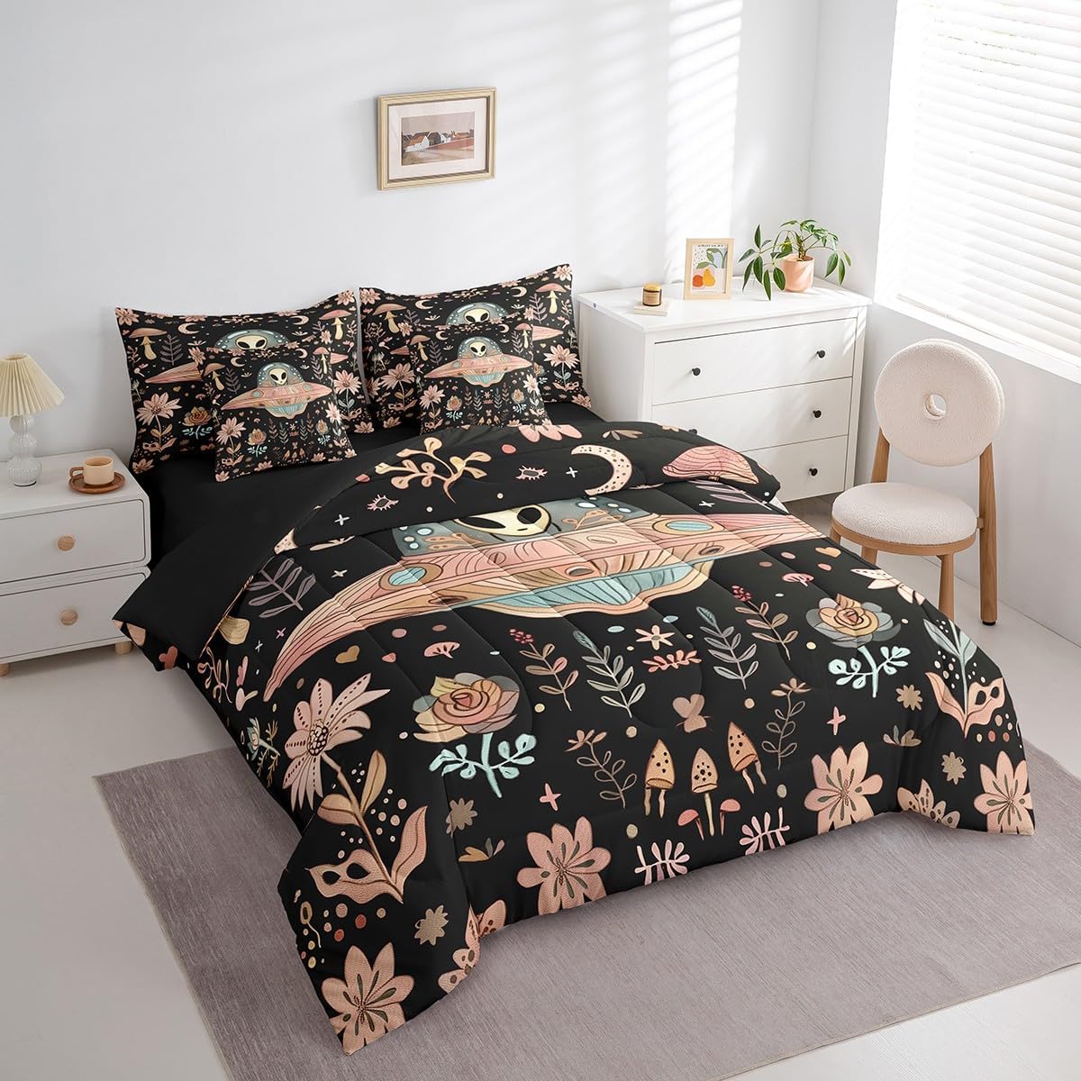 Manfei Alien Black Twin Bedding Set 7 Pieces,Outer Space Spaceship Starry Moon Comforter Set with Sheets for Kids,Pink Mushroom Nature Botanical Flowers Plants Bed Set in a Bag with Pillow Covers
