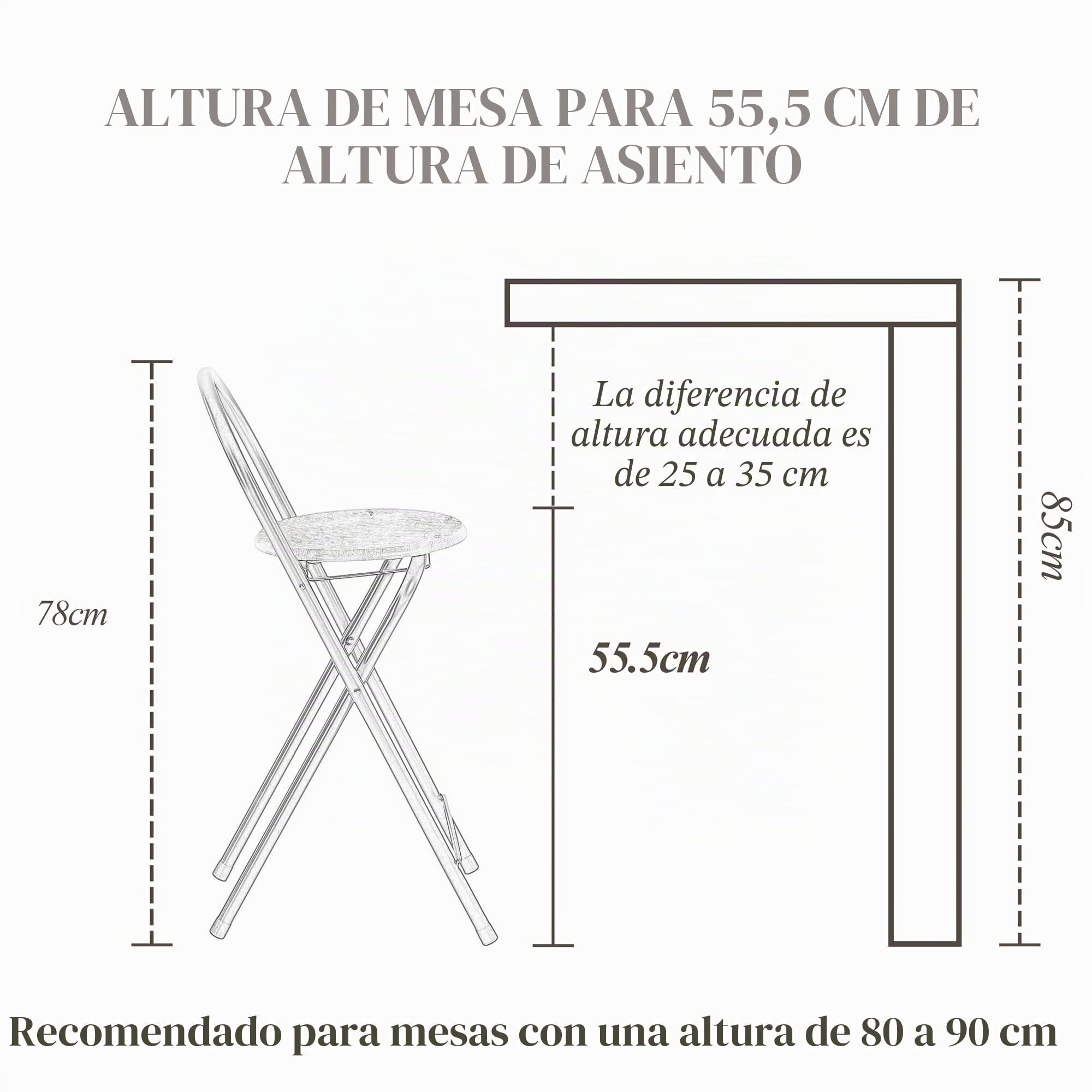 Juego de 2 Taburete Plegable Bar con Respaldo/Marrón/Altura Asiento 55CM