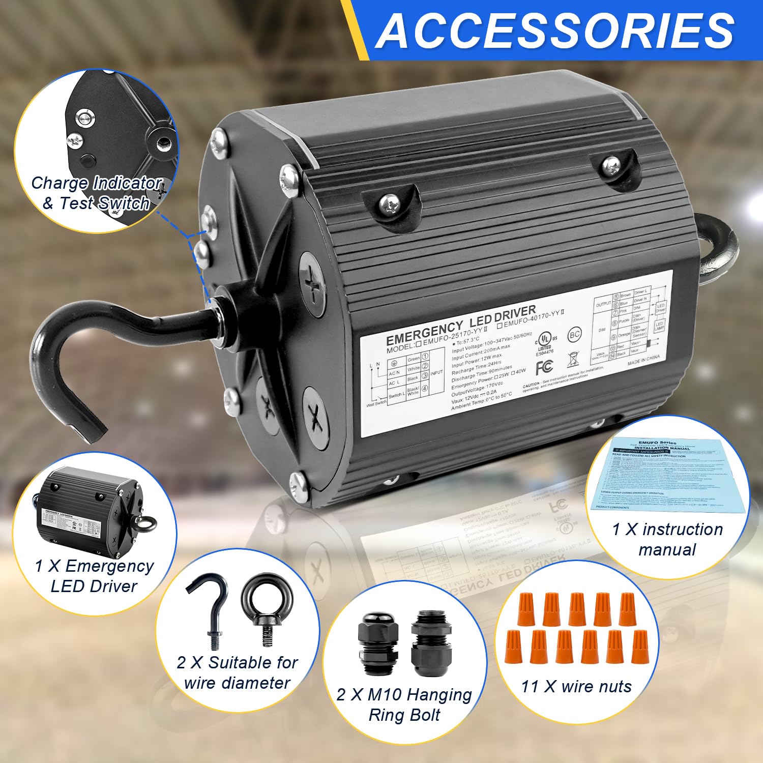 25W LED Emergency Backup Driver, Rechargeable Backup Battery for Dimmable UFO LED High Bay Light(＜200w), Input AC 100-347V Output DC 170V, Emergency Time 90 Minutes, UL Listed (1-Pack)