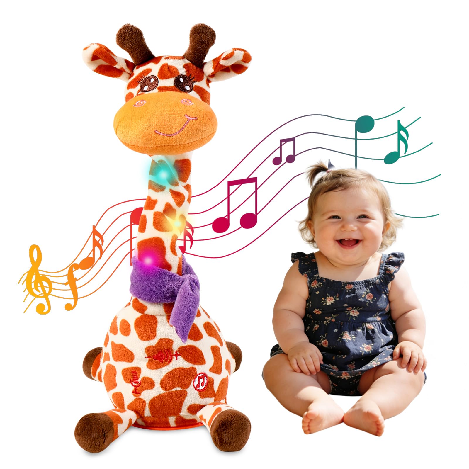 MIAODAM Dancing Giraffe Interactive Toy, Singing 10 Children's Song, Stuffed Baby Toy Repeats What You Say, Christmas Colorful Glowing Plush