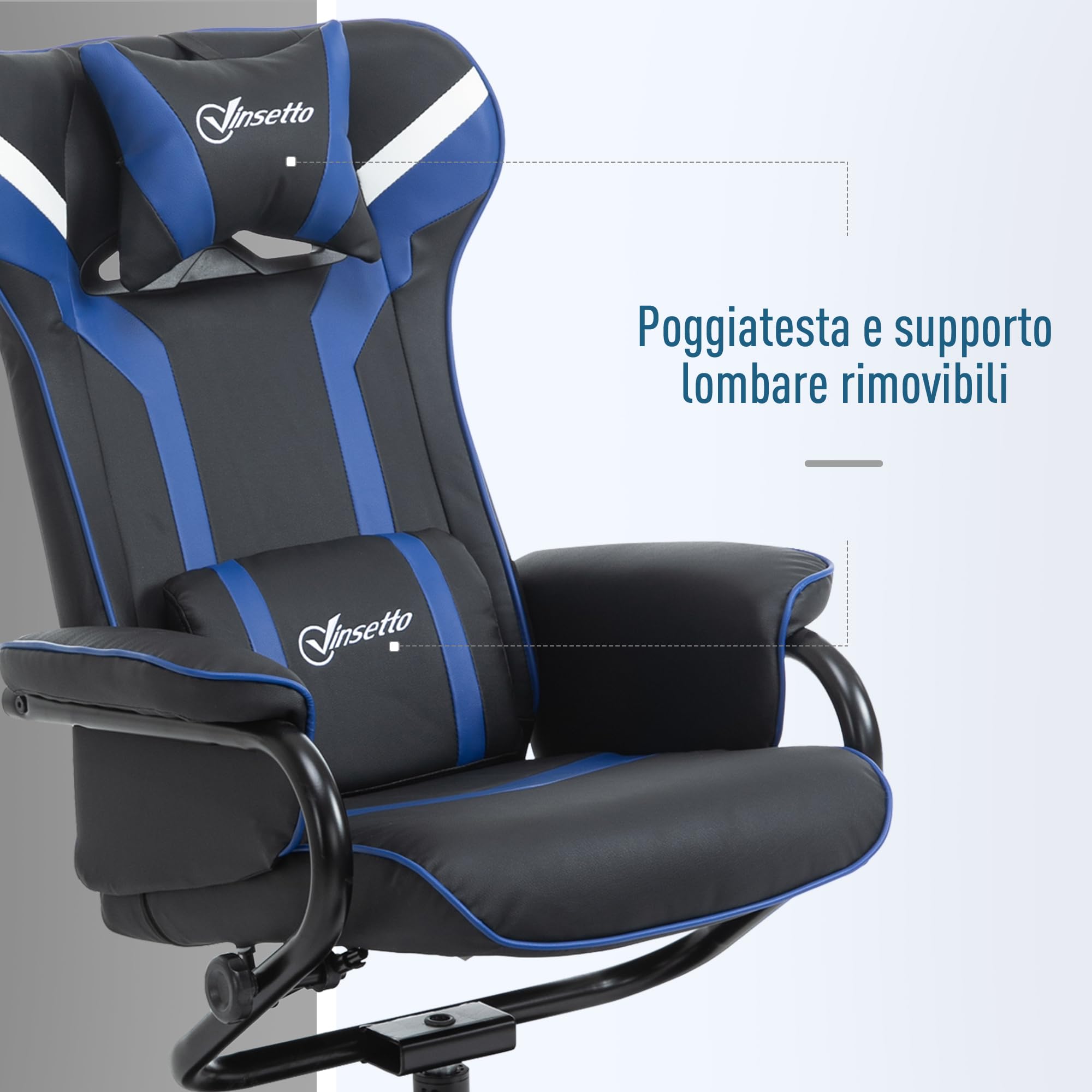 Vinsetto Set 2 Pezzi Poltrona Gaming Reclinabile con Sgabello Poggiapiedi, Inclinazione 130° e Supporto Lombare, Nero e Blu Scuro