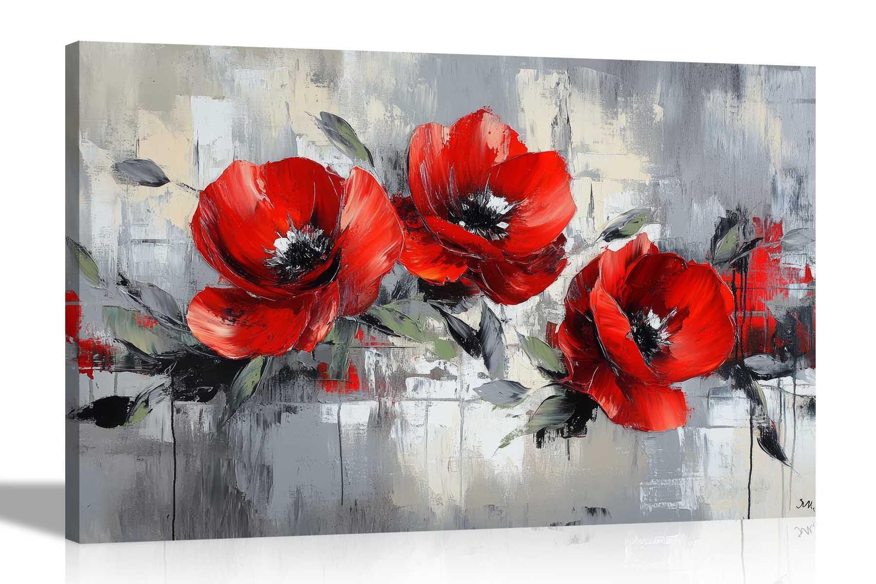 Artley Prints Rustic Poppy Red Flower - Rustic Rrey Red Poppy Flowers Canvas Wall Art Flower Pictures Home Conservatory Garden Prints Ready To Hang 40 X 30Cm (16 X 12 Inches) A3