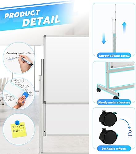 Miniatura 4 de MAKELLO Pizarra blanca con ruedas de 60 x 48 pulgadas, pizarra blanca magnética de doble cara para oficina, escuela y hogar, altura ajustable, marco