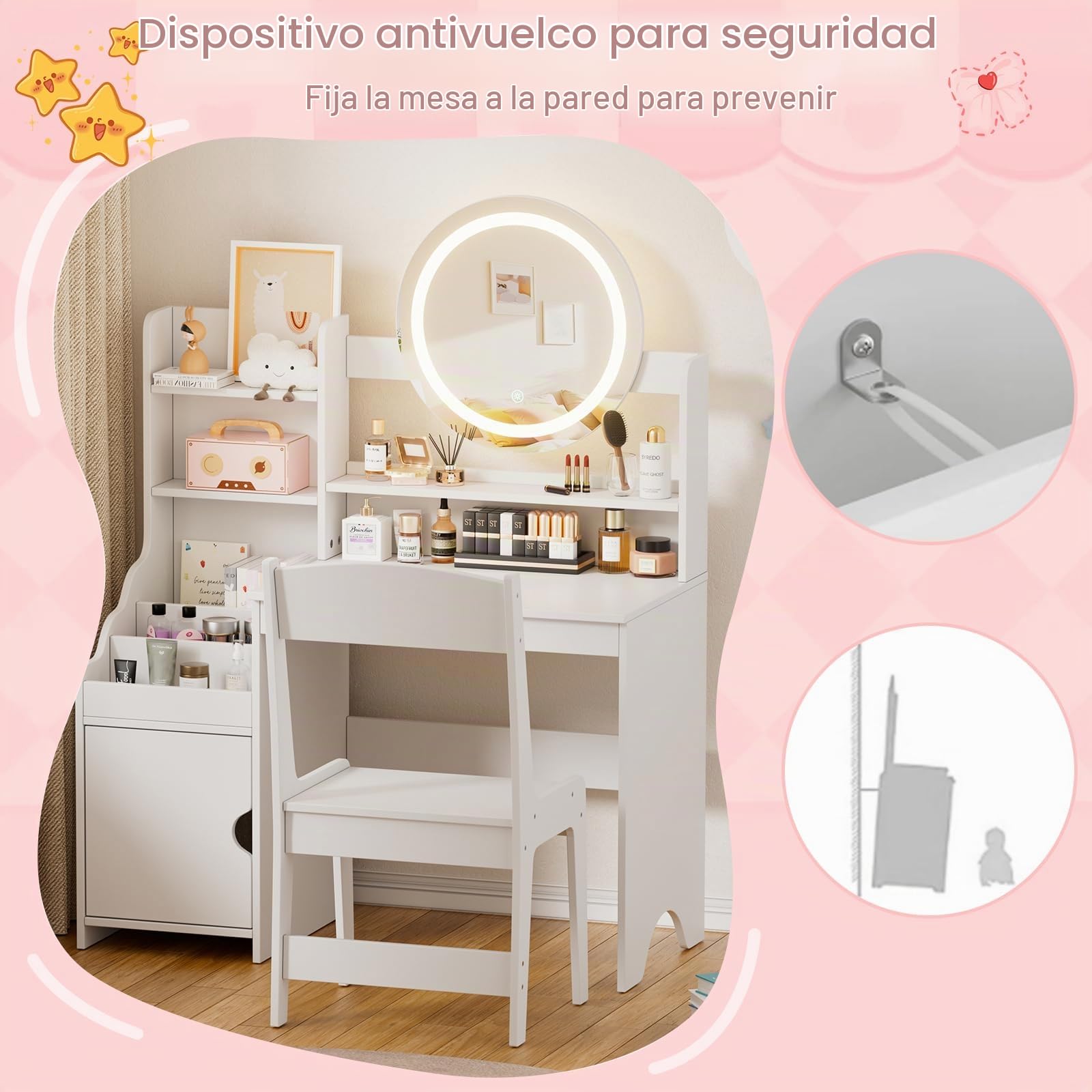 Tocador Niña Tocadors de Maquillaje con Luz y Taburete 2 en 1 Anti-dumping Tocador Infantil de Madera con Espejo y Estanterías Vanity de Maquillaje Para Niños Moderno estilo Princesa 5 años+ (Blanco)