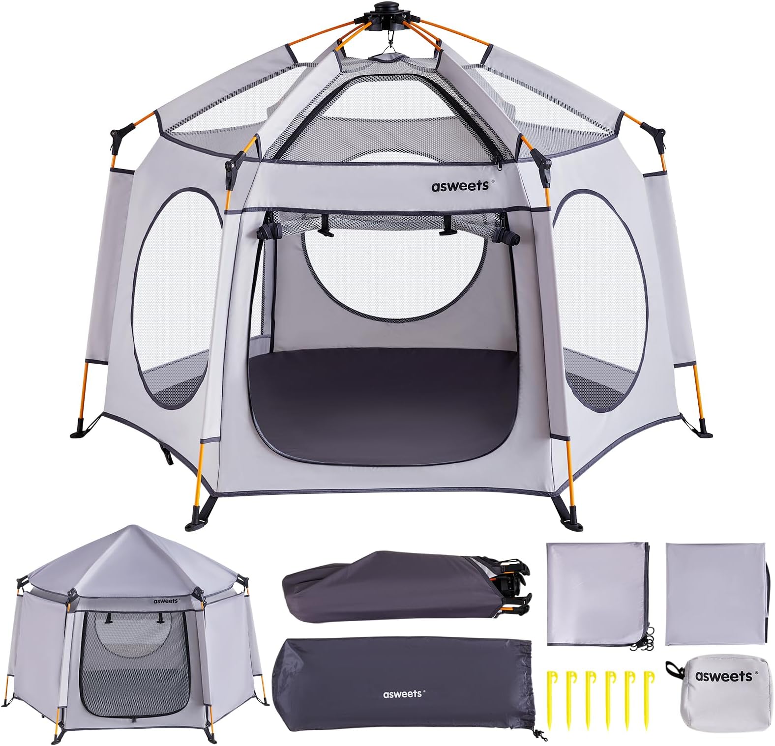 Asweets 4 in 1 Pop Up Playpen Indoor and Outdoor Portable, Lightweight Baby Playpen with Travel Bag,Baby Beach Tent and Play Toddler Play Yard Canopy(Light Grey)