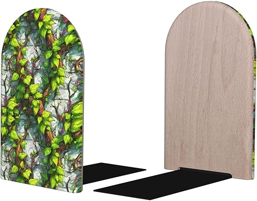 Book Ends for Shelves 1 Pair - Turquoise Vine Print Wood with Metal Base Bookends for Heavy Books, Book Stand Organizer Holder for Books Movies Cds